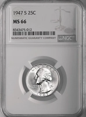 1947-S  25C WASHINGTON SILVER QUARTER "SAN FRANCISCO MINT" NGC MS66 #8343475-012 - Image 1 of 4