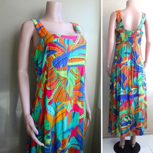 1.State Sun Dress L XL Maxi Bright Abstract Aloha Rayon Straps Vintage 90s Jams - Picture 1 of 10