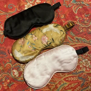Lot 3 Satin Faux Silk Eye Sleep Masks Light Pink, Black, Gold Floral Birds 3pk - Picture 1 of 4