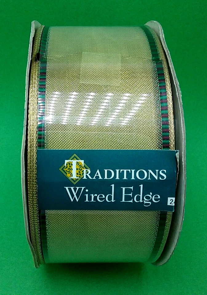 Traditions Wired Edge Ribbon Christmas Green Gold Mesh Very Little off 50yd1 5/8