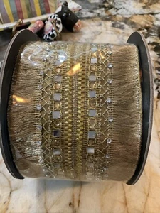 D STEVENS GOLD JEWELED MIRRORED FRINGED WIRED RIBBON - Picture 1 of 5
