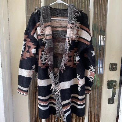 Cardigã geométrico com capuz borda borla faroeste, bainha franja asteca OXL - Imagem 1 de 4