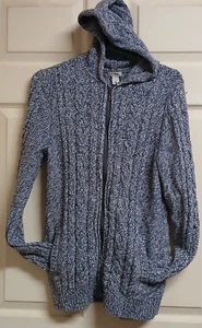 L.L. Bean Pullover Damen Baumwolle Zopfmuster Full Zip Hoodie - Blau & Weiß Garn - Bild 1 von 7