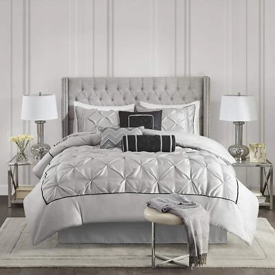 LABEL NEW! ~ CHIC MODERN ELEGANT BLACK GREY TUFTED RUFFLED PINTUCK SOFT COMFORTER SET