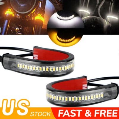 2X Motorcycle Flowing Amber LED Fork Turn Signal Strip Light White+Amber USA - Image 1 of 4