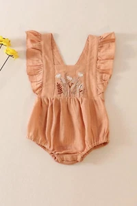 Petal & Pine Girl's Boutique Coral Floral Embroidered Linen Ruffle Strap Bubble - Picture 1 of 10