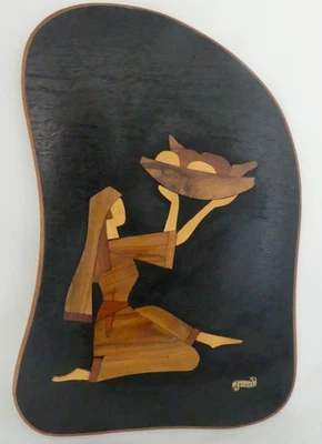 Vintage Handmade In Israel Wooden Wall Art Plaque w/ Woman Bearing Fruit Design - Image 1 of 4