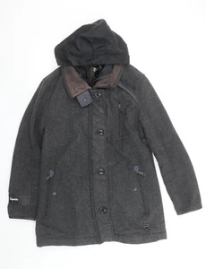 Superdry Men’s Grey Wool Hooded Overcoat L Size Winter Jacket - Picture 1 of 12