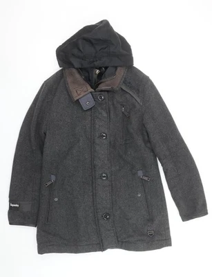 Superdry Men’s Grey Wool Hooded Overcoat L Size Winter Jacket - Image 1 of 4