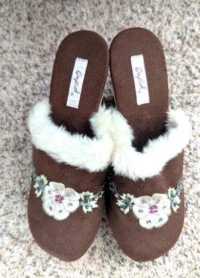 Women’s Qupid Fur Trim Embroidered Bejeweled Brown Suede Clogs/Mules Size 6 - Image 1 of 4