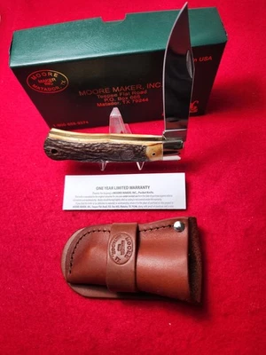 Cuchillo trampero grande Moore Maker EE. UU. 6106 LB hoja única bloqueo ciervo genuino Foto 1 de 4