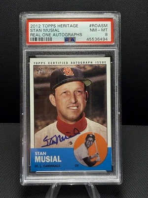 Autógrafos Topps Heritage Real One 2012 Stan Musial Cardinals Salón de la fama automático PSA 8 Foto 1 de 2