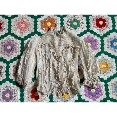 Старинная эдвардианская белая сетчатая кружевная шелковая блузка вязаные крючком панели высокий вырез как есть - Изображение 1 из 4