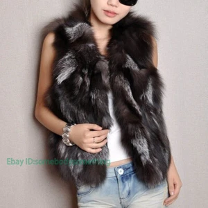100% Real Genuine Silver Fox Fur Vest Fur Gilets Waistcoat Women's Coats on Sale - Picture 1 of 15