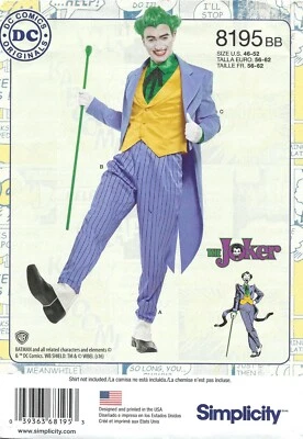 Simplicity 8195 Men's D.C. Comics THE JOKER Costume Sz 46-52 UNCUT Pattern - Image 1 of 4