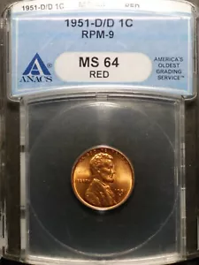 1951-D Lincoln Cent - RPM-009 #9 ANACS MS64 red - Picture 1 of 2