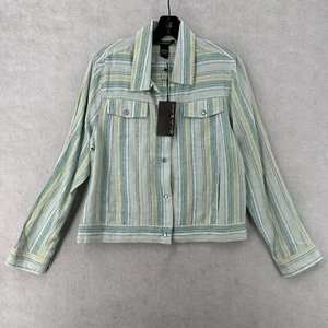 NWT Alexandra Bartlett Top LARGE Striped 100% Linen Button Down Collar Shacket - Picture 1 of 14
