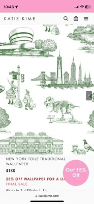 Kate Kime New York Toile Traditional Wallpaper In Green. New Double Rolls!! - Image 1 of 4