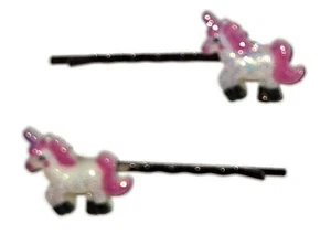 UNICORN PINK Fantasy Animal - Handmade Bobby PIn Hair clips - Set of 2 - Picture 1 of 3