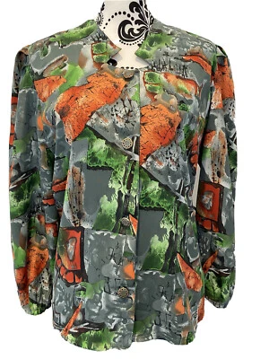 Womens Vintage Top Sz 18 Grey Orange Green Abstract Blouse Jacket 80’s 90’s - Image 1 of 4