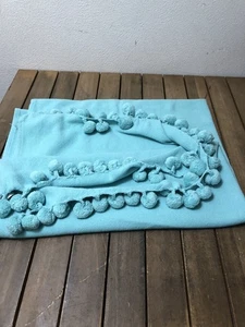 Pottery Barn Teen Pom Pom Throw Blanket Organic Cotton Blue Woven 68×52 EUC - Picture 1 of 9