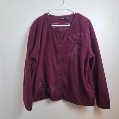 Suéter NorthCrest Púrpura Polar Bordado Floral Apliques Abotonados Talla XL Foto 1 de 4
