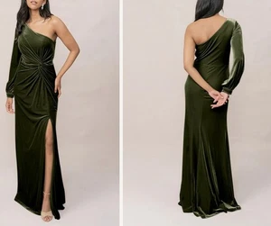 REVELRY Womens Aurora Velvet Dress Plus Sz 26 Olive Green One Shoulder Slit - Picture 1 of 11