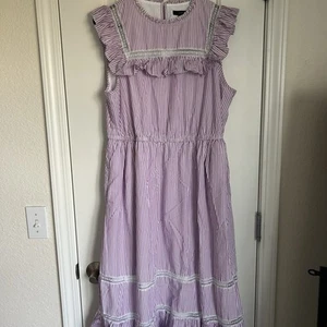 J. Crew Tiered Ruffle Dress Stripe Purple White Size Lined Midi Women’s Medium - Picture 1 of 10