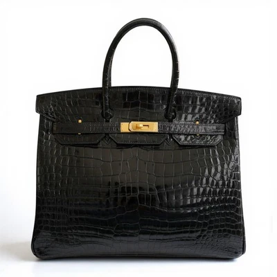 Hermès Birkin 35 Negro Brillante Poroso Cocodrilo Dorado HW #D Usado Estado Foto 1 de 4