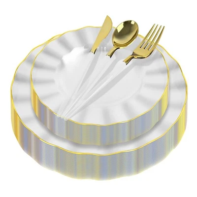 Juego de 150 platos de plástico con borde dorado vajilla transparente de alta resistencia 30 invitados Foto 1 de 4