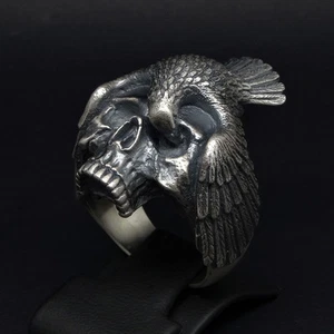 Memento Mori Schädel Rabe Gothic Biker Ring Sterlingsilber 925 Größe von UNIQABLE - Bild 1 von 12