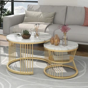 Beistelltisch 2x Set Couchtisch Marmor Optik Weiß Wohnzimmertisch Rund Satztisch - Bild 1 von 12