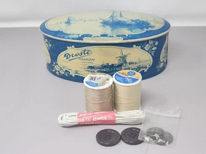 Vintage Droste Haarlem Holland Blue & Cream Metal Tin With Buttons Thread String - Picture 1 of 14
