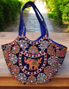 Handmade Embroidered Shoulder Bag - Ethnic Boho Gypsy Elephant Tote Handbag - Picture 1 of 5