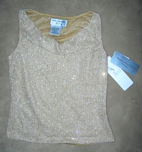 NWT PAPELL BOUTIQUE EVENING Champagne Beige-gold Beaded Cocktail Shell Top M - Picture 1 of 8