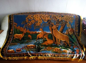 Vintage blue tapestry carpet with deer, tapestry bedspread with USSR deer - Picture 1 of 7
