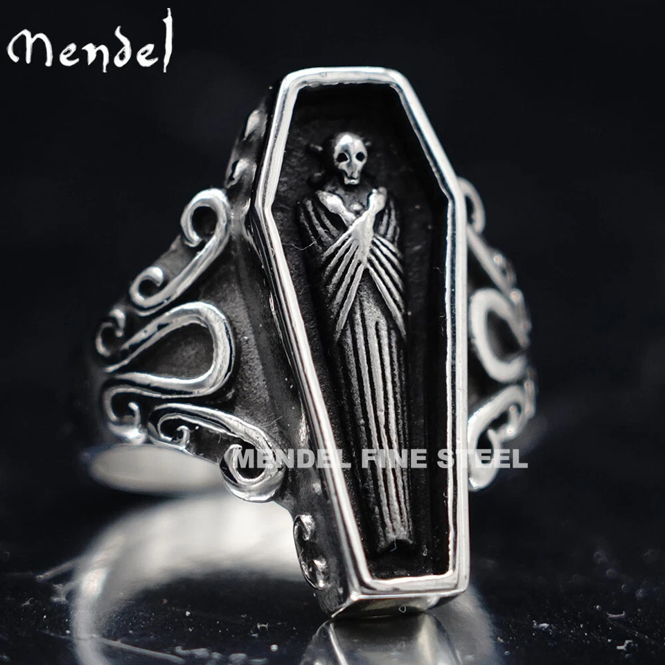 MENDEL Gothic Mens Stainless Steel Coffin Shaped Punk Biker Skull Ring Size 7-15 - Изображение 1 из 1