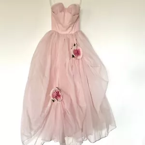 Pink 1950s Strapless Corset Top Tulle Prom Party Dress Size XS rose Appliqué - Picture 1 of 7