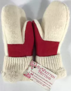 REWRITTEN MITTENS Recycled Sweater Women's Mittens Sz M Red Ivory Beaded NWT - Picture 1 of 5