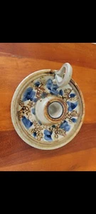 Studio Art Pottery Candlestick Holder Blue And Tan Artist signed Humphrey - Picture 1 of 4
