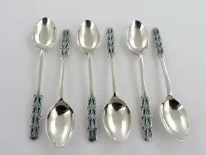 6 schöne SILBER & EMAILLE TEELÖFFEL, Birmingham 1934 Liberty & Co JUGENDSTIL - Bild 1 von 6
