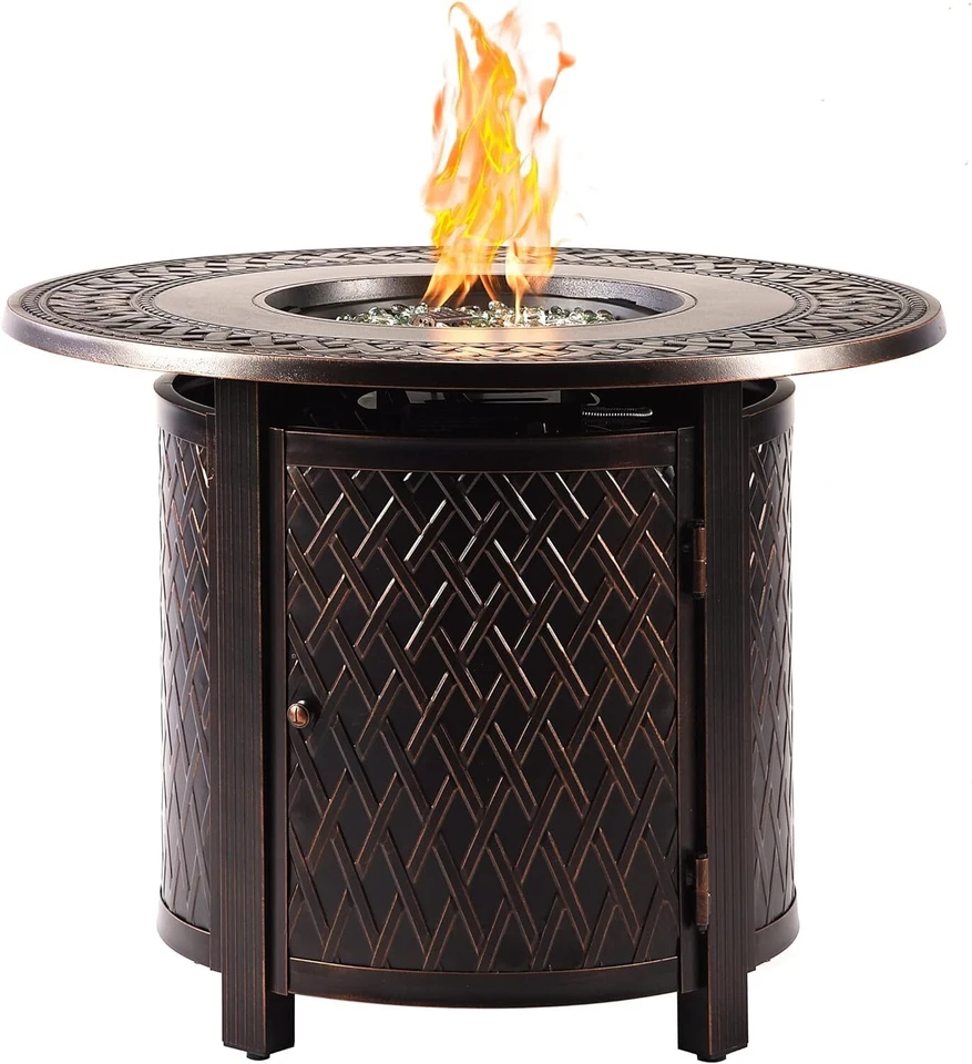 Mesa de fuego Oakland Living 34" aluminio fundido libre de óxido redonda cobre con cubierta Foto 1 de 4