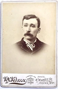 ANTIQUE CABINET CARD ARTISTIC PORTRAIT PHOTOGRAPH ~ GENT WITH MUSTASH ~ LYNN, MA - Picture 1 of 2