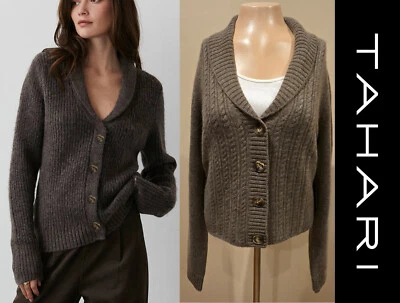 Nuevo con etiquetas Cárdigan Tahari 100% Cachemira 4 Botones Taupe Oscuro Talla L Tejido con Cable Foto 1 de 4