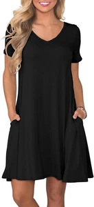 Damen Freizeit T Shirt Kleid Sommer Kurzarm Swing Kleider mit Taschen - Bild 1 von 48