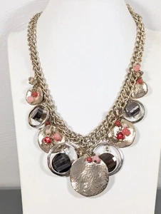 White House Black Market Gold Tone Disc Smokey Glass Statement Necklace Boho 18" - Picture 1 of 13
