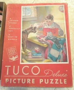 1940's TUCO JIGSAW PUZZLE Complete w/Box 357 Pieces Boy Reading at Breakfast-Dog - Picture 1 of 7