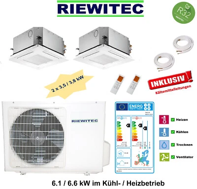 Dual Deckeneinbaukassette 2x3,5 KW RIEWITEC Split Klimaanlage 6,1 KW, 2x5m Leit. - Bild 1 von 4