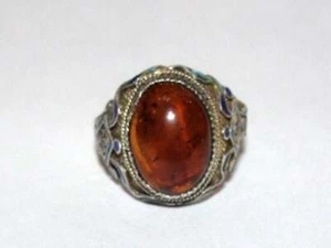 Chinese Sterling Silver Filigree Enamel Baltic Amber Cabochon Ring - Picture 1 of 5