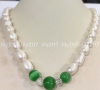 Natural 10-11mm freshwater rice pearl green Emerald Gems pendant necklace 18'' Natural 10-11mm freshwater rice pearl green Emerald Gems pendant necklace 18''